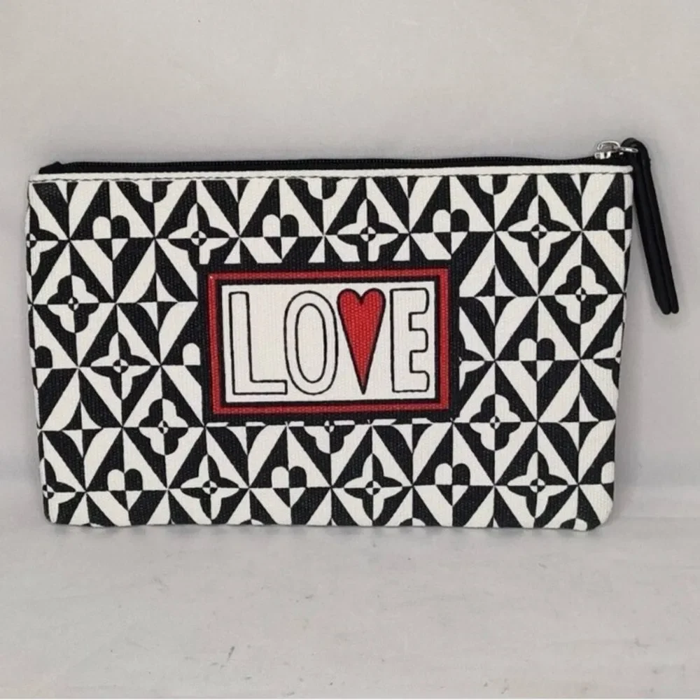 Brighton LOVE Black And White Canvas Makeup Up Bag Clutch Valentine's Day NWOT